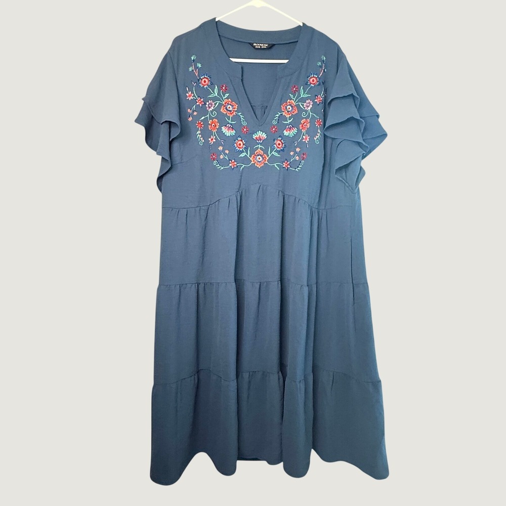 BloomChic Dress 18-20 Blue Floral Embroidered‎ Tiered Ruffle Sleeve Plus